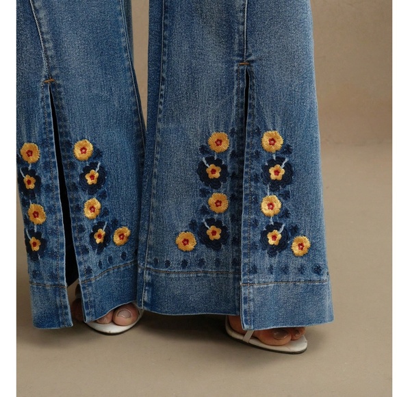 Boho Medium Wash High Waisted Floral Embroidered Split Hem Wide leg Jeans Pant - Picture 5 of 7